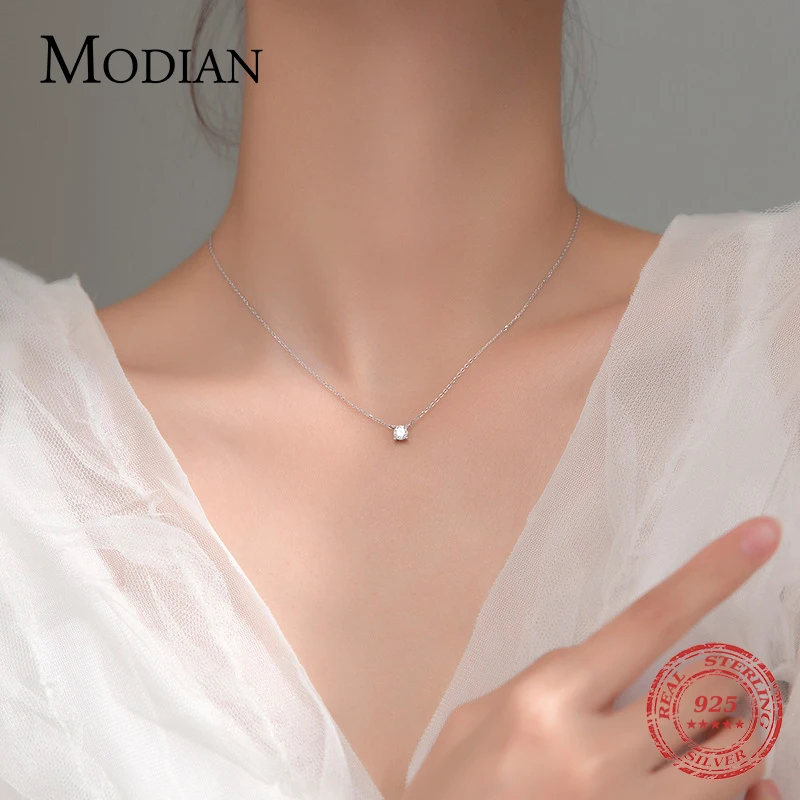 Modian Classic 925 Sterling Silver Round Simple Clear CZ Chain Necklaces Pendant For Women Wedding Engagement Statement Jewelry