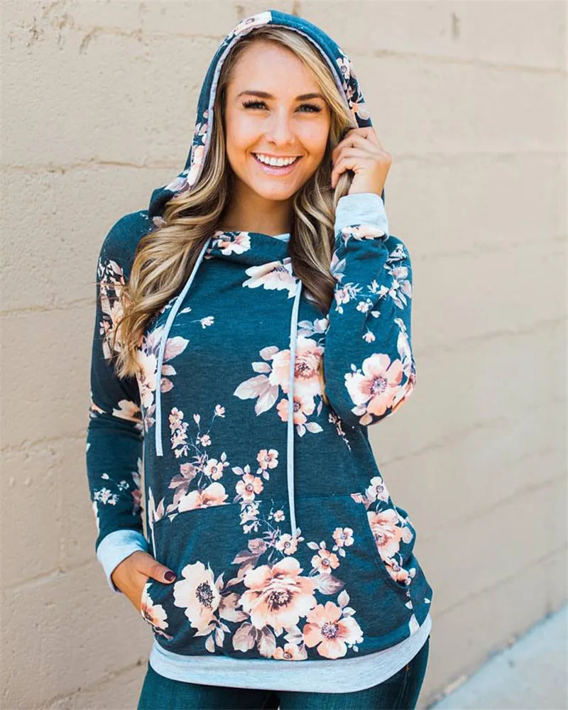 New Autumn Hooded Sweatshirt Women Slim Pocket Floral Printed Hoodies Fashion Casual Long Sleeve Cotton Warm Winter Hoody