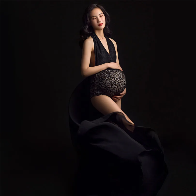 sexy-black-chiffon-train-maternity-bodysuit-for-photoshoots-slim-lace-fabric-deep-v-neck-maternity-gown-photography