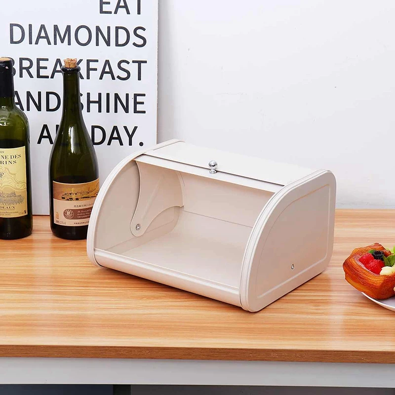 

European Roll Top Small Metal Flip-Baked Bread Box Desktop Finishing Snack Dust-Proof Storage Box Bread Bin Kitchen Food Holder