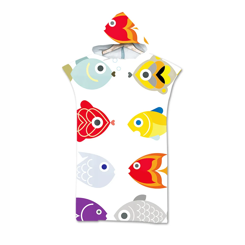 

Printed Cartoon fish Microfiber Hooded Bath Beach Towel Changing Robe Poncho Surf Towel for Swimming Beach Outdooor Bathrobe