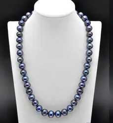 20 дюймов AAA 9-10 мм Южный морский таитянские черные синее жемчужное ожерелье 925 серебристого, золотистого цвета