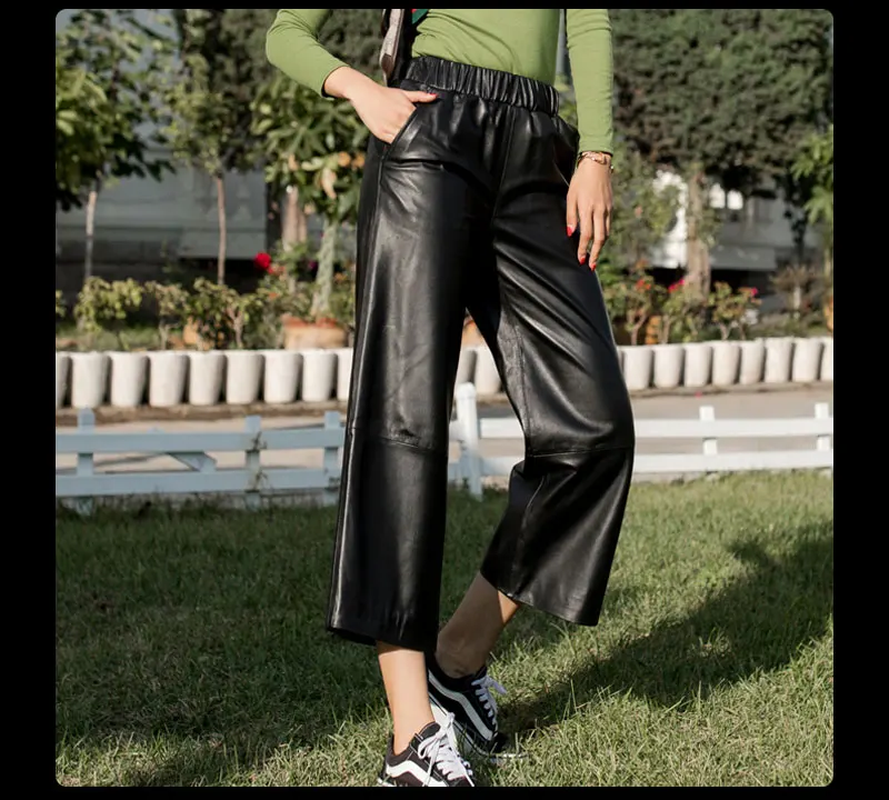 American elegant style black elastic waist sheepskin genuine leather wide leg pants women trousers pantalones calça LT2918