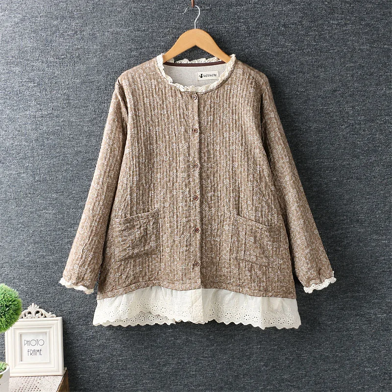 Fresh Sweet Style Little Floral Shirt Patchwork Crochet Hem Single Breasted Cardigan Loose Long Sleeve Autumn Blouses Chic Blusa