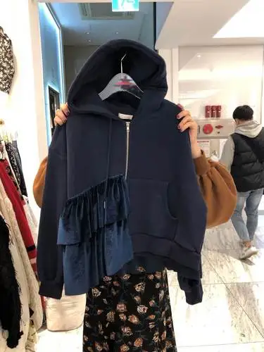 Dark blue Корейский стиль толстовки с капюшоном для женщин осень и зима новая Толстовка Мода бархат сшивание сплошной цвет толстовки женские - Цвет: Dark blue