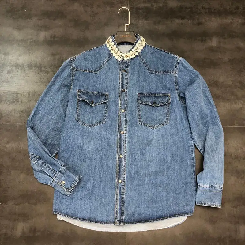 autumn new heavy work beaded collar single-breasted shirt-style denim short coat