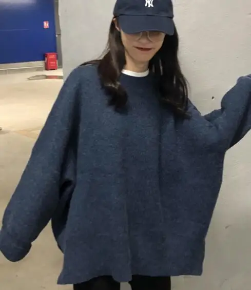 Синий Women Autumn Winter Oversized Pullover Knitted Sweater Female Thick Split Long Sleeve Jumper Coat Pull Femme Jersey Mujer - Цвет: Синий