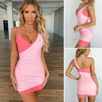 

Meihuida Women Sexy Pink Dresses Lace Up Bodycon Strap Patchwork Mini Dress Elegant V-neck Sleeveless Party Wear