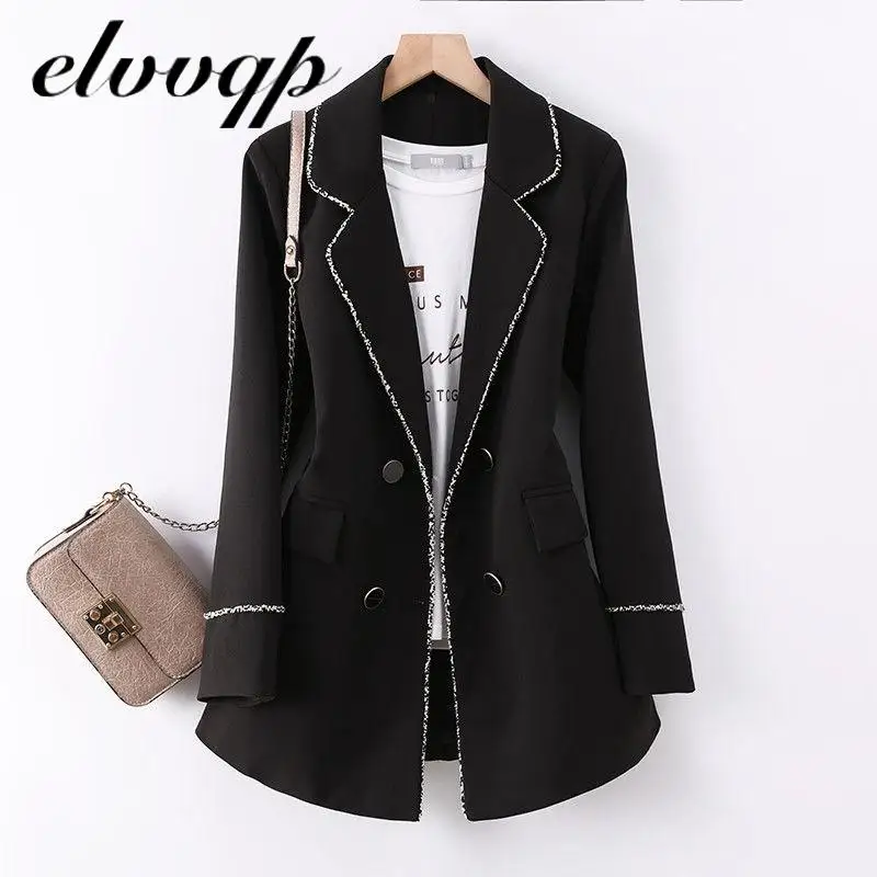

New Women Notched Collar Blazer With Slanted Pocket New Fall Winter Elegant Office Work Double Breasted Jackets Slim Coat