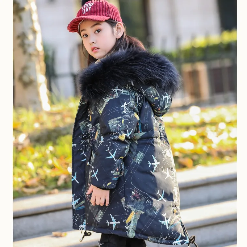 Зима детская Пуховое пальто для девочки модный принт теплая верхняя одежда до-30 русская зимняя куртка, длинная куртка-пуховик для девочек, длинный пуховик для девочек для детей; большие размеры 10, 11, 12 - Цвет: Тёмно-синий