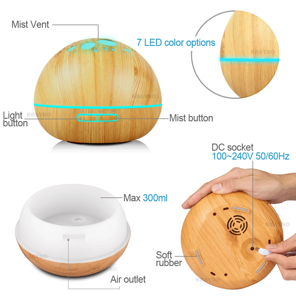KBAYBO 300ml Electric air purification processor ultrasonic aromatherapy essential oil humidifier with 7 colors LED lights home