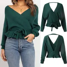 Осенняя Женская Сексуальная трикотажная туника с двойным v-образным вырезом и открытой спиной с поясом-бабочкой с длинным рукавом