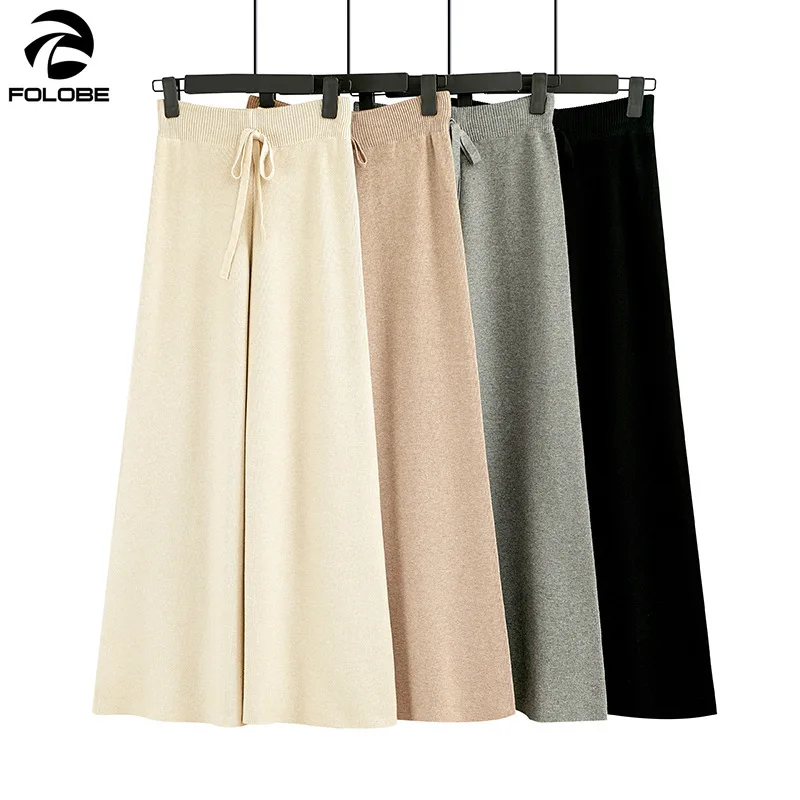 

FOLOBE 2019 autumn winter new THICK casual straight pants women female drawstring loose knitted wide leg pants casual Trousers