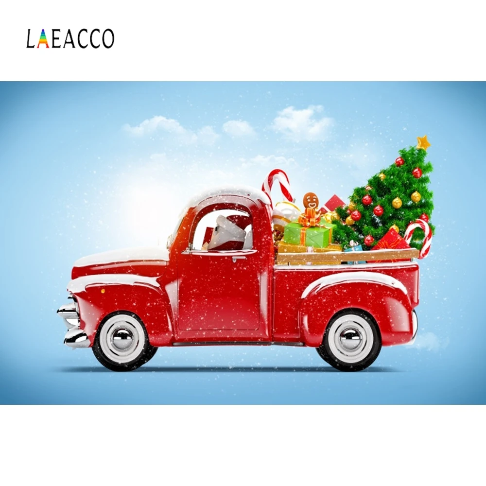 Laeacco Blue Sky Clouds Snow Santa Claus Car Christmas Tree Gift Photography Backdrops Baby Portrait Photo Backgrounds Photozone |