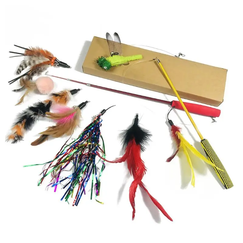 

10 Pcs Colorful Feather Funny Cat Stick Catcher Beautiful Wand Replacement Head Set with Box Pet Interactive Toy Funny