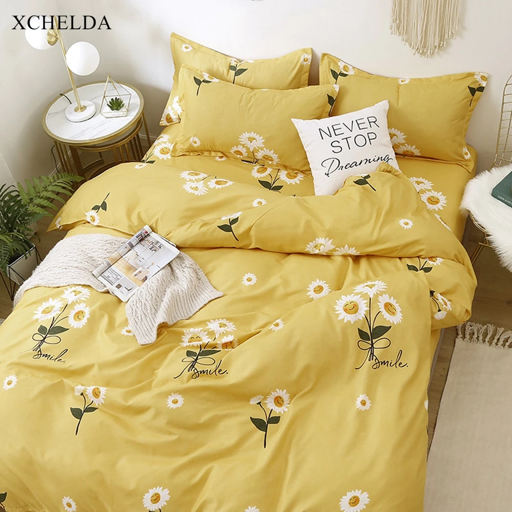 Yellow Comforter Duvet Cover Bed Sheet set Double Queen King Size Bedding Set Cute Flower Cotton Children linens Home Textile