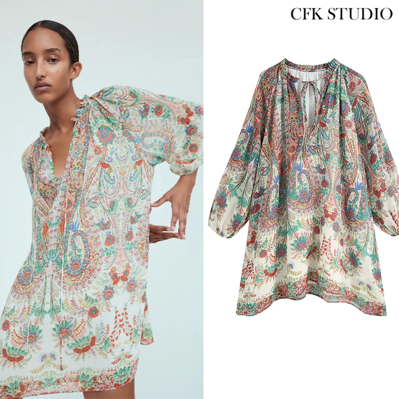 Za Women Holiday Minidress with V-neck Floral Print Long Sleeve Shirtdress Femme 2020 New Summer Beach Style Loose Oversize Dres | Женская