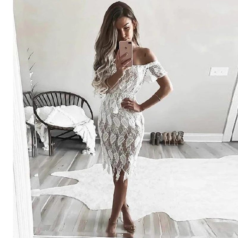 

Sexy word shoulder slim lace dress perspective tube top white dress sweet cute girl mini pencil dress summer women's 2019 S-XL