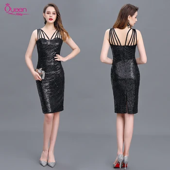 

Cocktail Dress 2020 New Mermaid Black Straps Sequin Knee-length Sexy Women Homecoming Dress For Party with Zipper Back