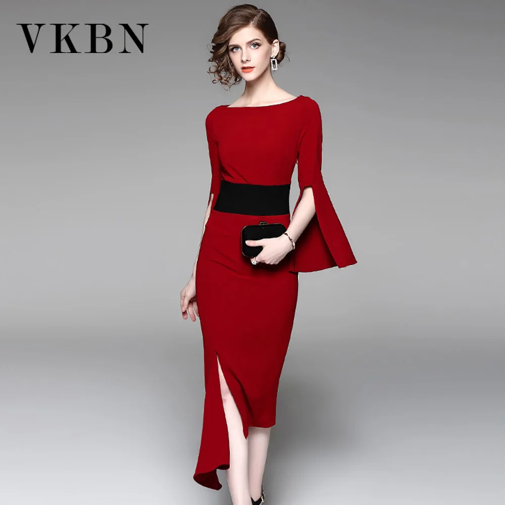 

VKBN Summer Dress Woman Patchwork Slash Neck Flare Sleeve Wine Red Party Night Dress Elegant Vestidos De Fiesta Fashion