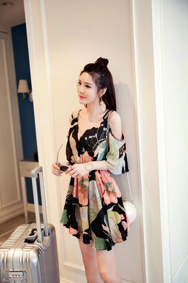 

Summer New Style off-Shoulder Skirt Short Sleeve Mid-length Printed Big Skirt Camisole Pullover Dress