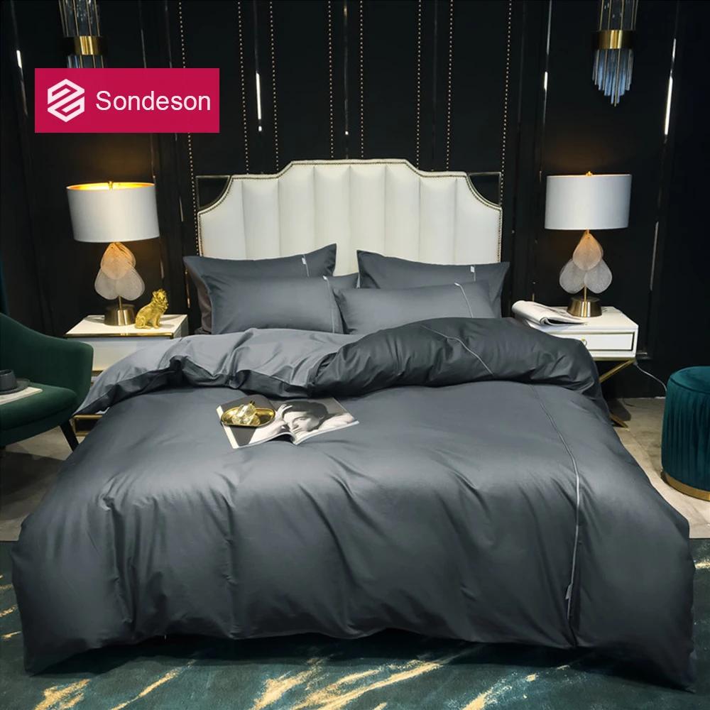 

Sondeson Luxury 100% Cotton Gray Solid Color Bedding Set Printed Duvet Cover Pillowcase Flat Sheet Bed Linen For Home Bed Set