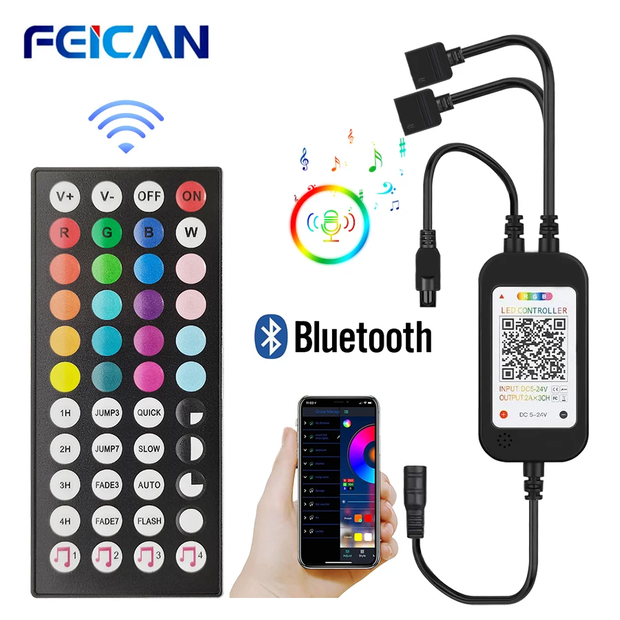 Bluetooth RGB Controller DC 5-24V LED Strip Controller Built-in MIC, Music Sync Control for SMD 5050 2835 Lamp Tape Ribbon
