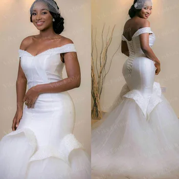 

Sexy South African Mermaid Wedding Dresses Off Shoulder Beads Arab Bridal Dress Sweep Train Real Image Lace Up Wedding Gowns