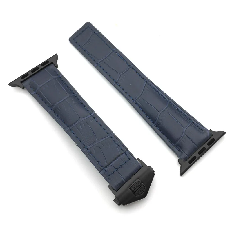 EYWBlue-BK AKGLEADER ремешок для наручных часов для Apple Watch Series 5 4 40/44 мм Натуральная кожа Ремешок раскладывающаяся застежка Браслет для Apple iWatch, версия 3, 2, 42 мм - Цвет ремешка: EYWBlue-BK