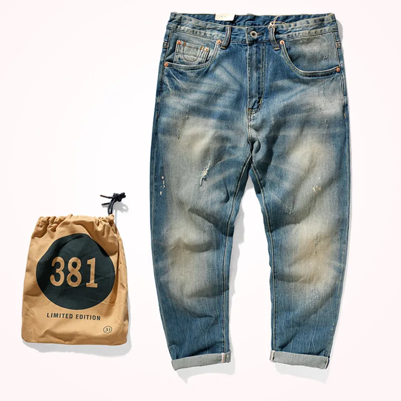 

H381 # Four Seasons новые ретро стрейч Поцарапанные Джинсы Мужская мода светильник-голубые потертые повседневные Прямые брюки