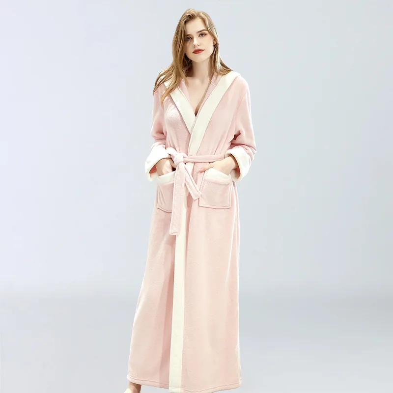 Pink Рождественские красные женские зимние толстые теплые халаты фланелевый Халат длинный с капюшоном со шляпой пижамы мягкие удлиненные женские пижамы халат - Цвет: Pink
