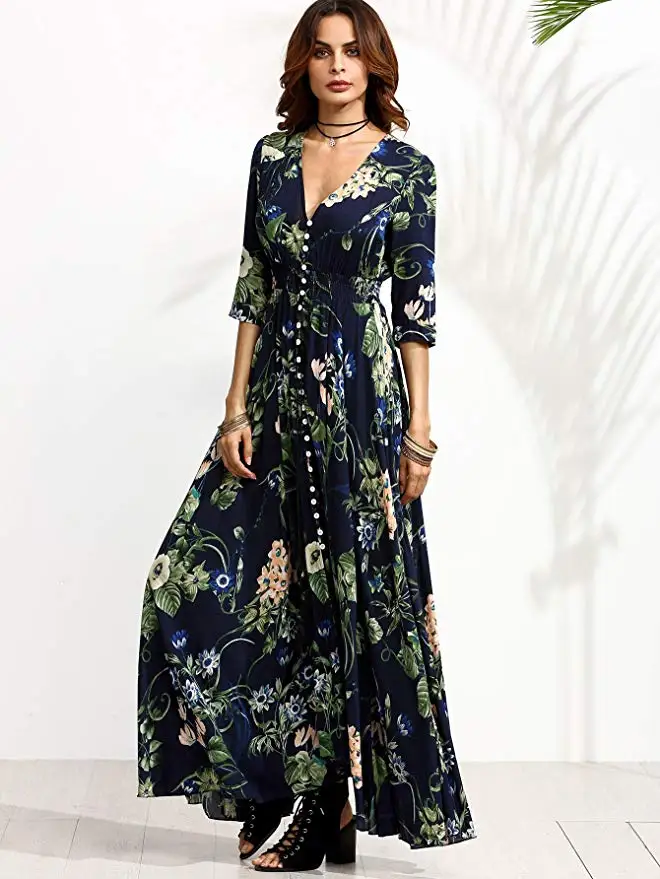 

feecolor Women's Button Up Split Floral Print Flowy Party Maxi Dress