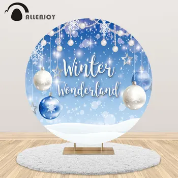 

Allenjoy round background winter wonderland Christmas ball snowflake decor bokeh halo custom Circle backdrop cover photocall