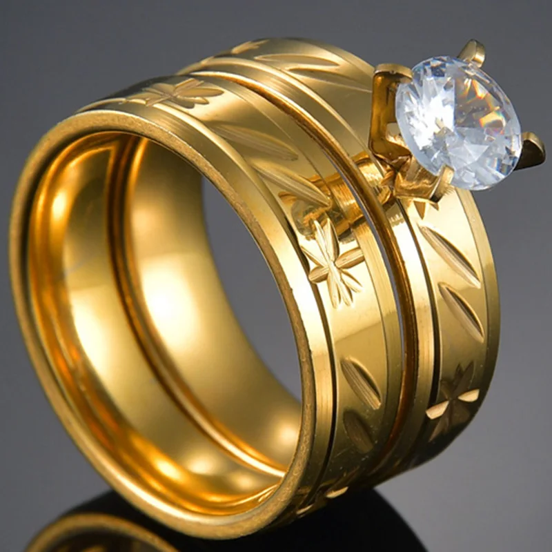 Wedding Rings Finger Ring Titanium Crystal Zircon Stainless Steel Rings Gold Color Ring For Men Women Wedding Anniversary Jewelry Gift