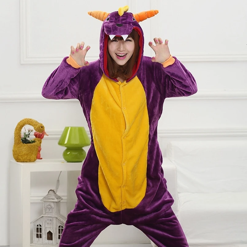 Для взрослых кигуруми Onesie аниме женский костюм фиолетовый дракон Хэллоуин косплей мультфильм животных пижамы зима теплая Пижама с капюшоном