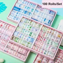Sharkbang – 100 rouleaux de ruban de masquage, boîte de rangement transparente, autocollants adhésifs décoratifs pour Scrapbooking, ensemble cadeau, fournitures de papeterie