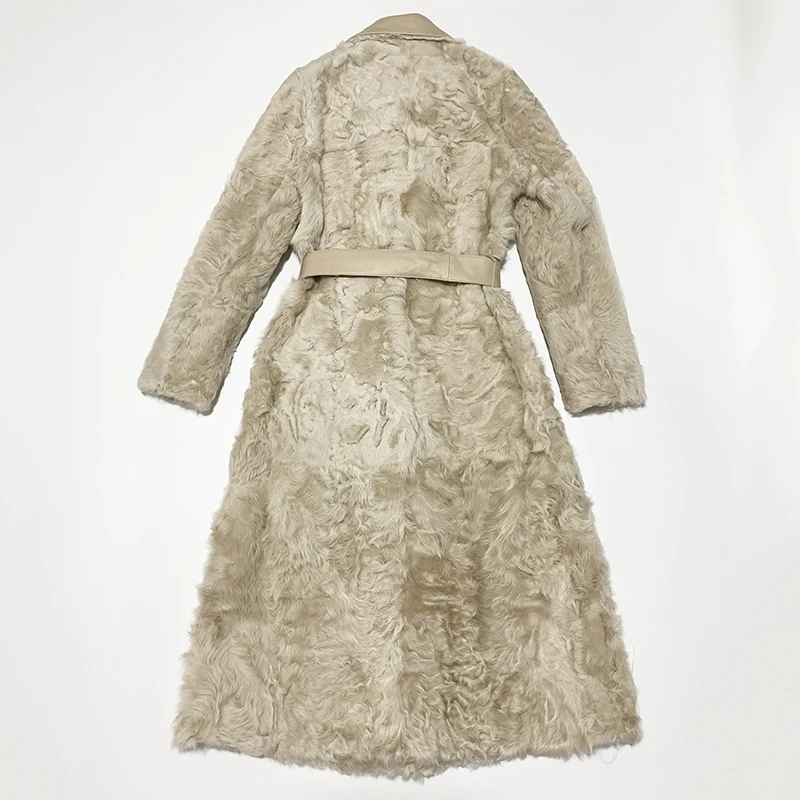 Rf2078 женское элегантное пальто из натурального меха, длинное пальто из овечьей шерсти с длинным рукавом, двубортное модное пальто из натурального меха