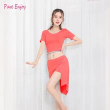 Лето танцевальный костюм женщины танец живота платье сексуальные короткие рукава топ+ нерегулярные короткие юбки 2 шт. Модальный танец костюм