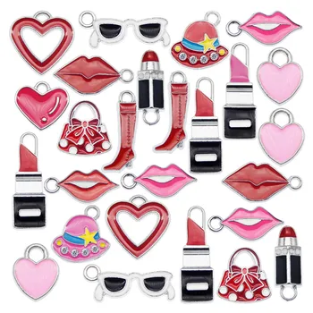 

Julie Wang 5/14PCS Enamel Charms Alloy Mixed Girl Lips Lipstick Bag Hat Glasses Boots Heart Pendant Jewelry Making Accessory