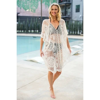 

Women's Summer Bathing Suit Lace hollow out V neck Crochet Bikini Swimwear Cover Up Beach Dress