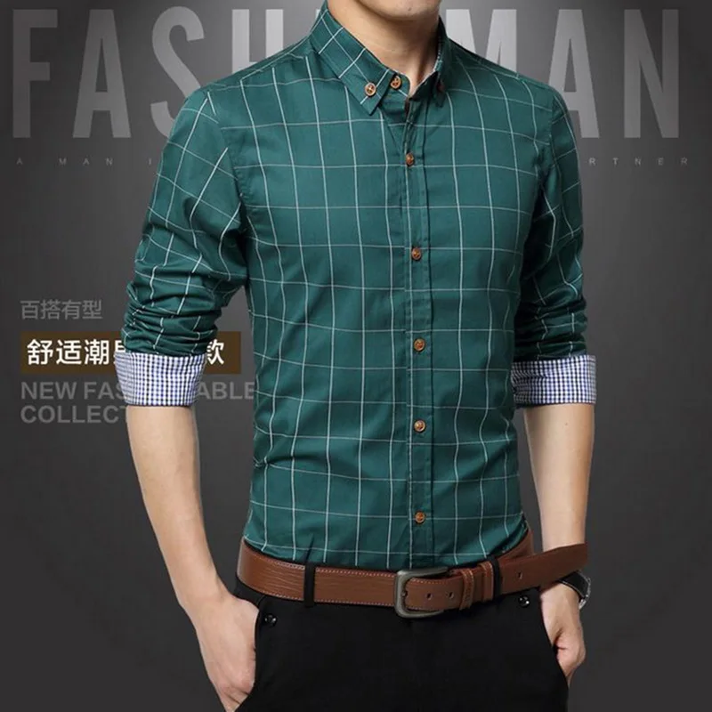 Новая Осенняя Модная брендовая мужская одежда, приталенная Мужская рубашка с длинными рукавами, клетчатая хлопчатобумажная повседневная мужская рубашка, большие размеры