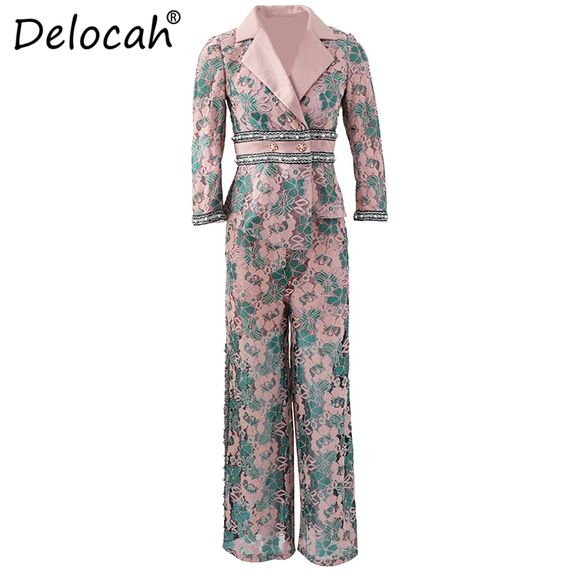 Delocah/ Модный осенний Повседневный костюм для подиума, женский кружевной блейзер с длинными рукавами и широкие брюки с разрезом, комплект из двух предметов