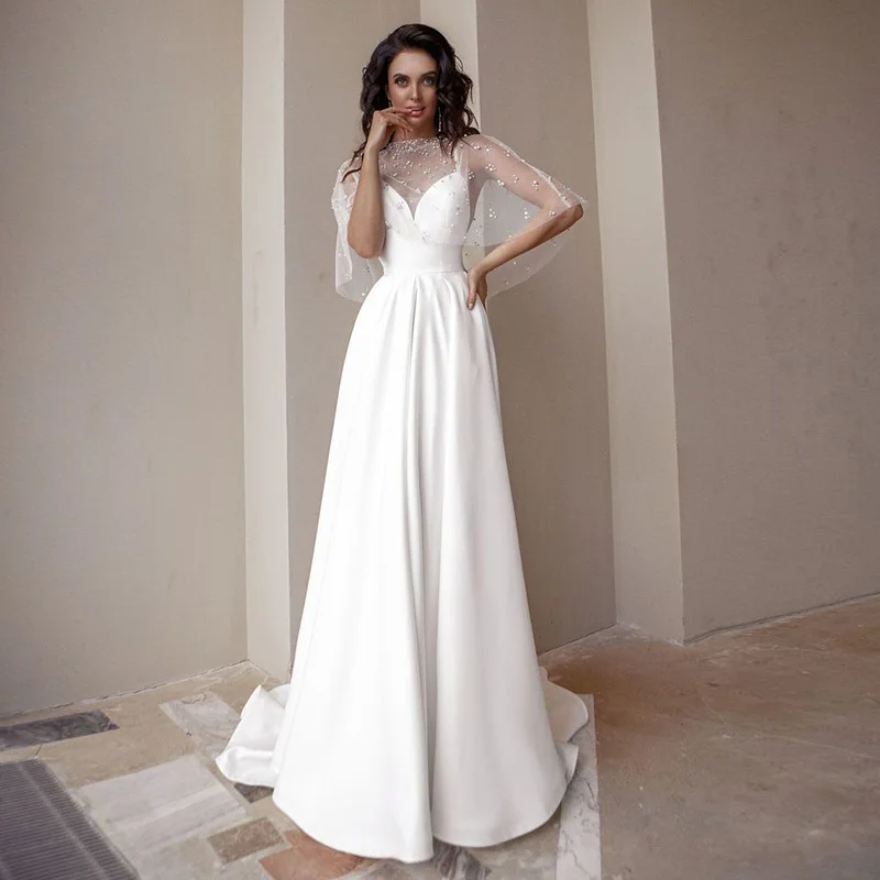 

Two Piece Wedding Dresses Spaghetti Strap A-Line Beaded with Pearls Wedding Gown Beach Bride Dress 2022 robe de mariee