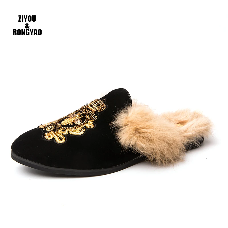 

2021 Men's SLipper Solid Color Autumn Winter Home Slipper Men Warm leather brand Slides Men with fur crown home Cotton Slippers