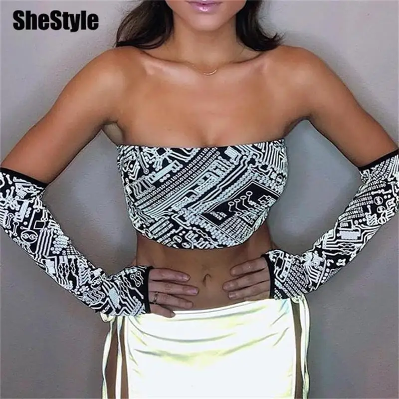 Shestyle Светоотражающие без бретелек короткий топ с принтом Для женщин летнее соблазнительное с открытой спиной Хай-стрит майка бюстье Базовая футболка; Стильная Новинка;