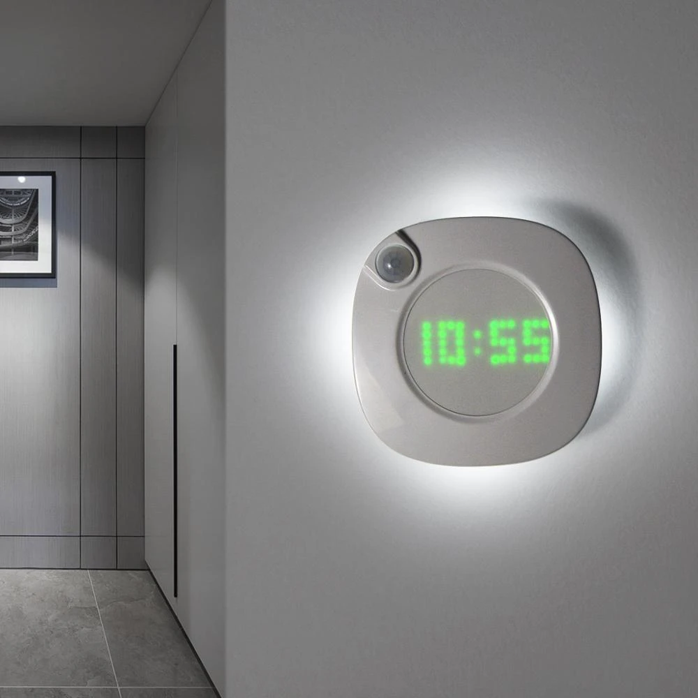 PIR Motion Sensor LED Night light With Digital Time Wall Clock USB Rechargeable LED Wall lamp For Bathroom Decoration