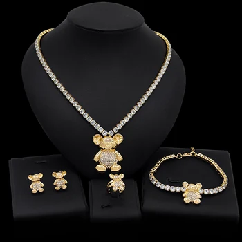 

Yulaili Charm Jewelry Sets For Women Full Crystal Pendant Teddy Bear Necklace Bracelet Stud Earrings Rings Bridal Jewellery Gift