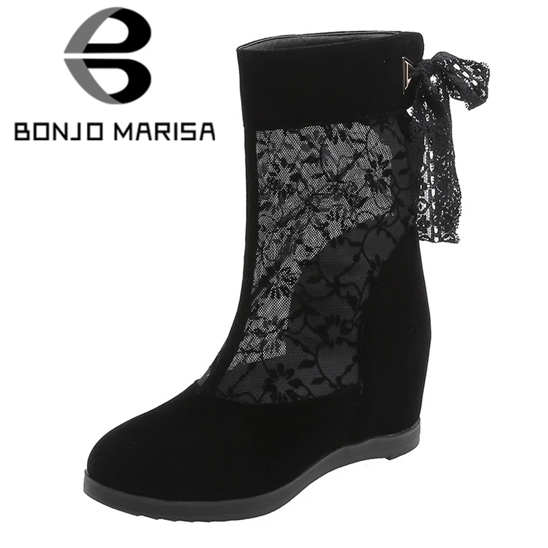 

BONJOMARISA Plus Size 34-40 Fashion Lady Lace Cloth Boots Round Toe Flock Spring Summer Boots Women 2020 Casual Shoes Woman