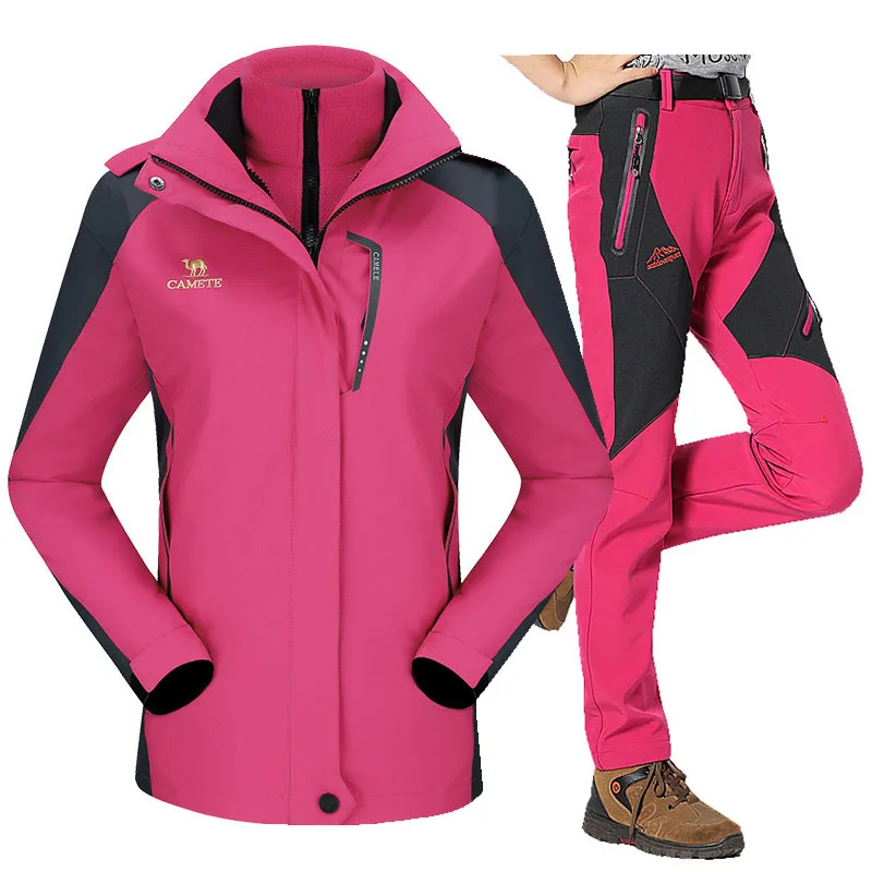 Rose red Лыжный костюм для женщин, уличные спортивные лыжные куртки, водонепроницаемая ветрозащитная куртка для сноуборда, штаны, зимние лыжные флисовые комплекты одежды - Цвет: Rose red