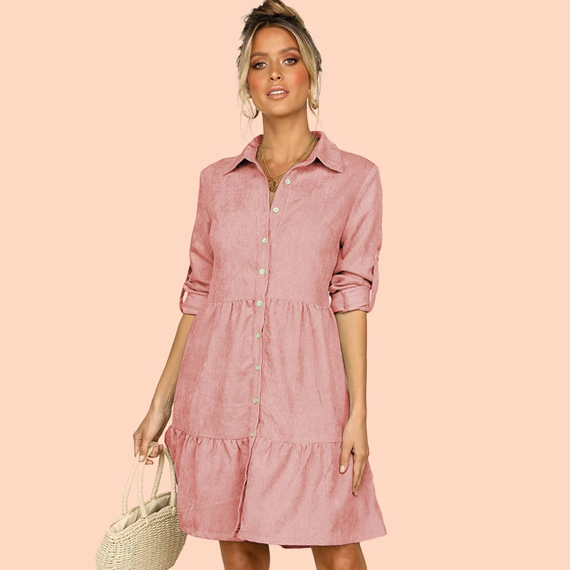 Cena Koszula sukienka z długim rękawem odzież damska jesienno zimowa sukienka przycisk skręcić w dół kołnierz damska linia mini impreza sukienka 2019 Vestidos